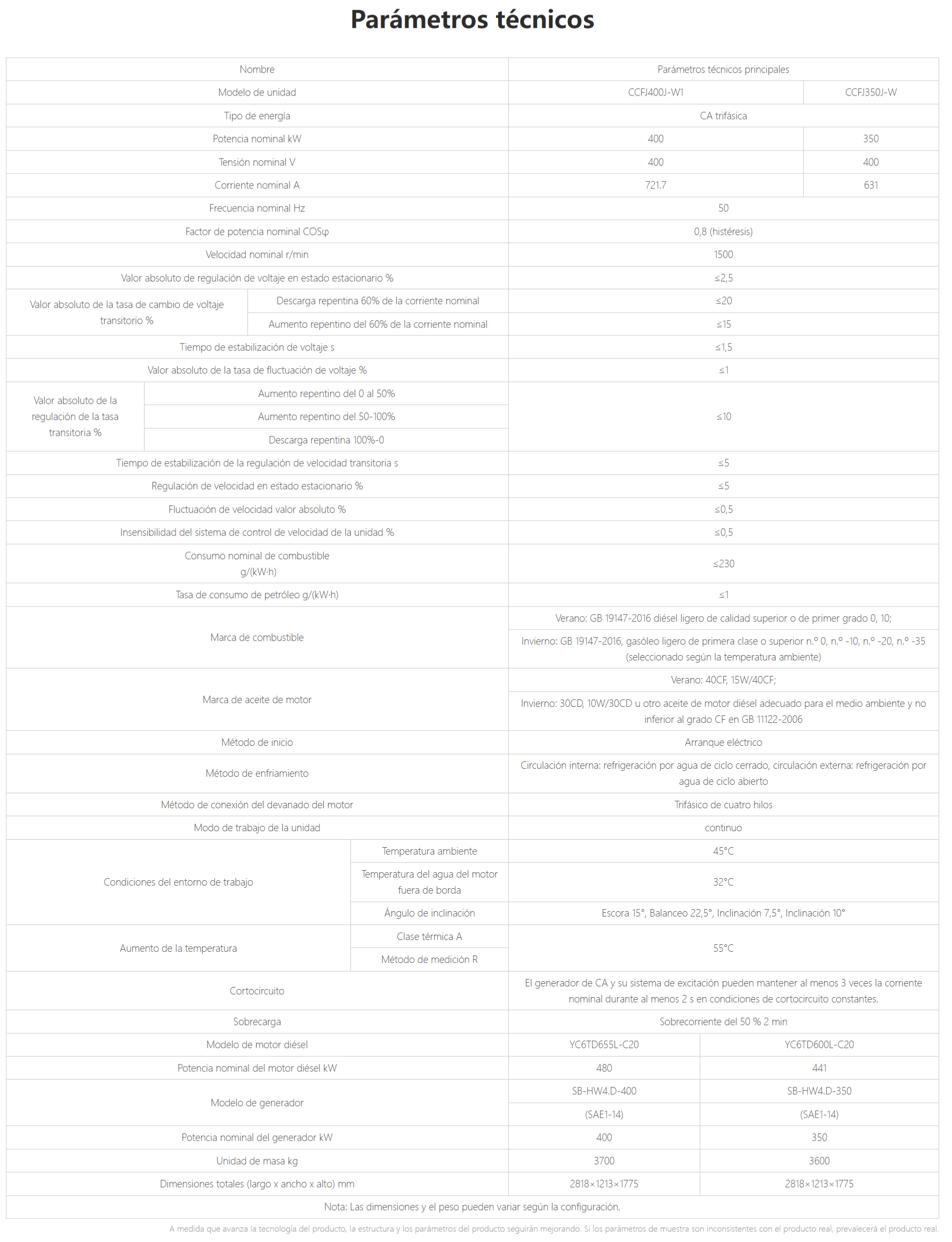 YuChai YC6TD diesel generator set Technical parameters