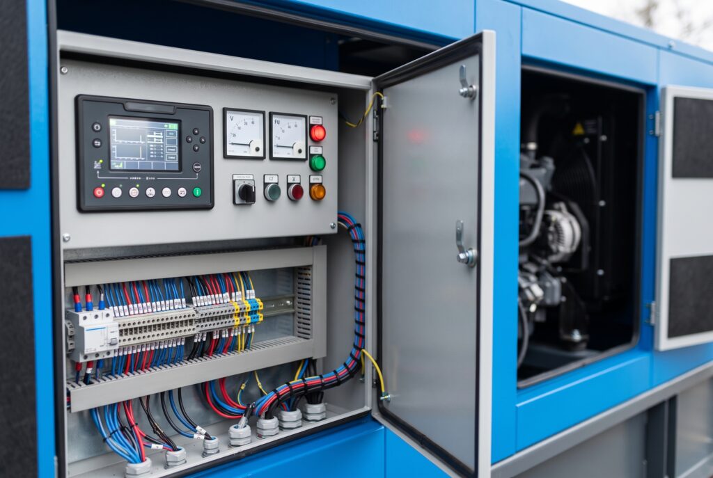Tablero de control de un grupo electrógeno con indicadores de tensión, frecuencia y carga, en una sala técnica industrial.