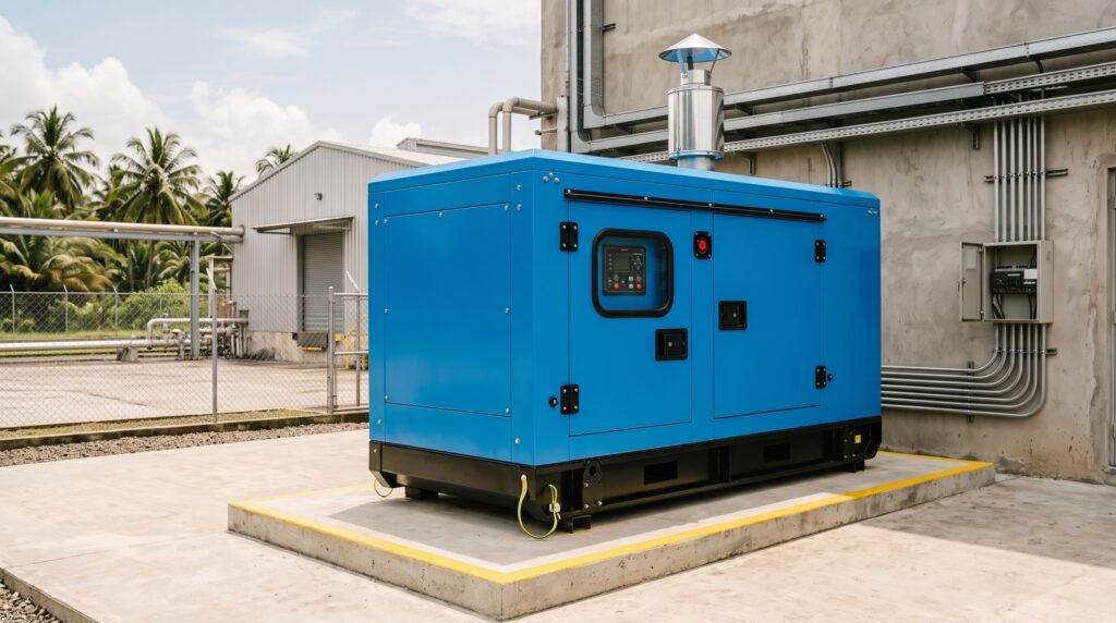 Grupo electrógeno diésel de respaldo instalado junto a una planta industrial, con tablero de transferencia automática y canalizaciones eléctricas vistas en primer plano.