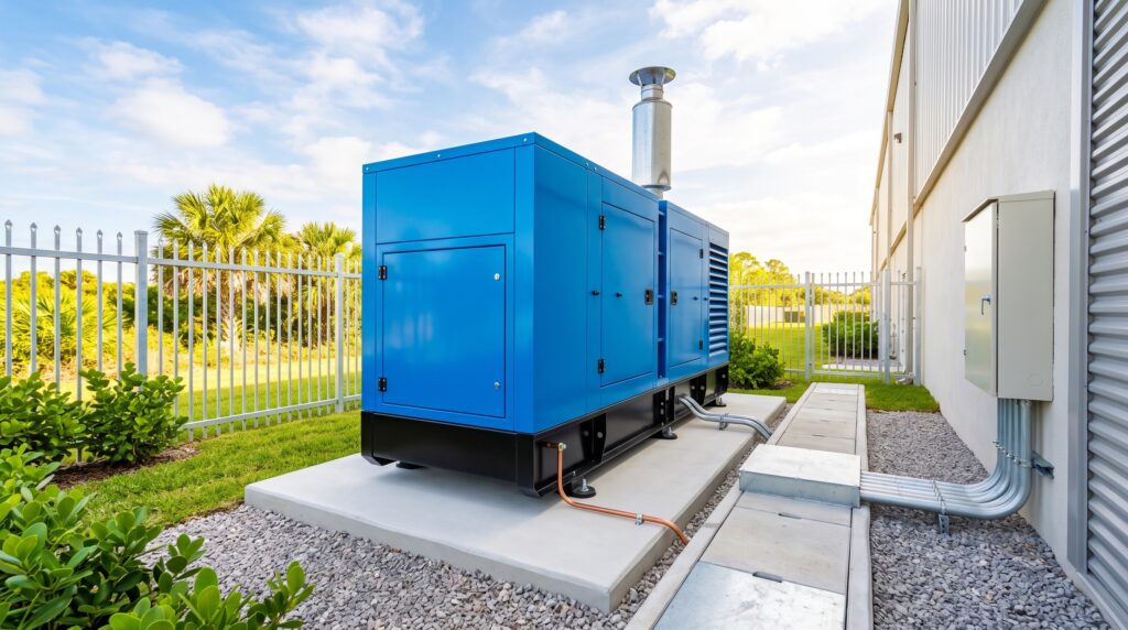 Grupo electrógeno en cabina insonorizada instalado en el patio técnico de una planta, con base de concreto y protecciones eléctricas.